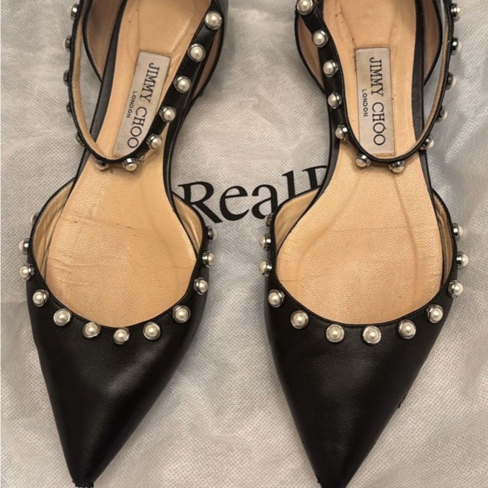Jimmy Choo Black Pearl-Studded Flats